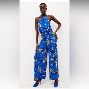 NWT Karen Millen Tiger Print Halter Jersey Jumpsuit Sz 2 Blue Sophisticated